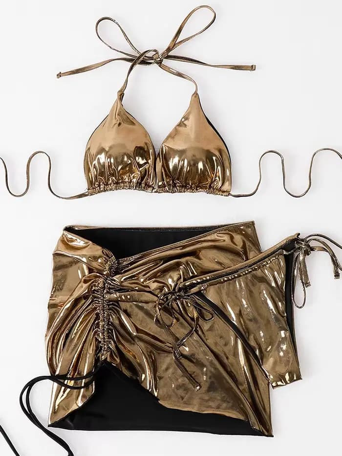 Sexy brillant doré licou 3 pièces Bikini ensemble avec cordon jupe de plage dos nu maillot de bain 2