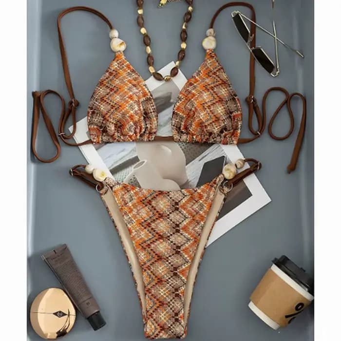 Micro bikini sexy 2026 pour femme, maillot de bain deux pièces, imprimé géométrique bohème avec perl