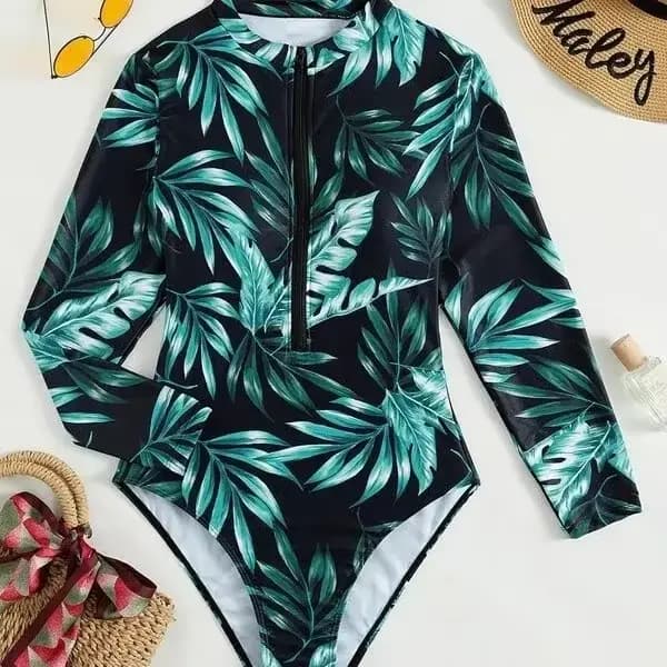 Maillot de bain une pièce à manches longues avec fermeture éclair pour femmes, imprimé tendance, nou