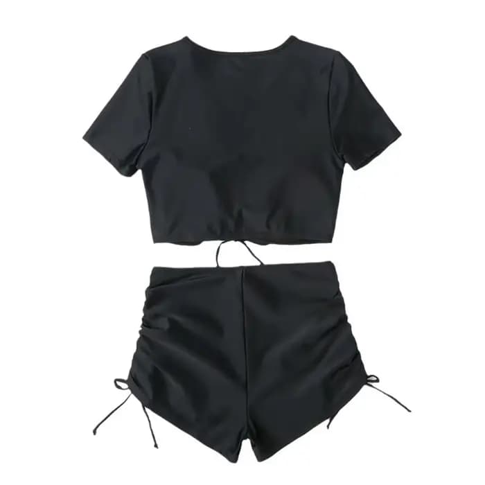 Maillot de Bain Sexy à Manches Courtes et Col en V, Bikini Noir/Rouge, Taille Haute, avec Cordon de 