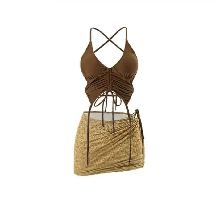 Maillot de bain style halter couleur café, ensemble bikini à lacets, mini style amincissant, dos nu 