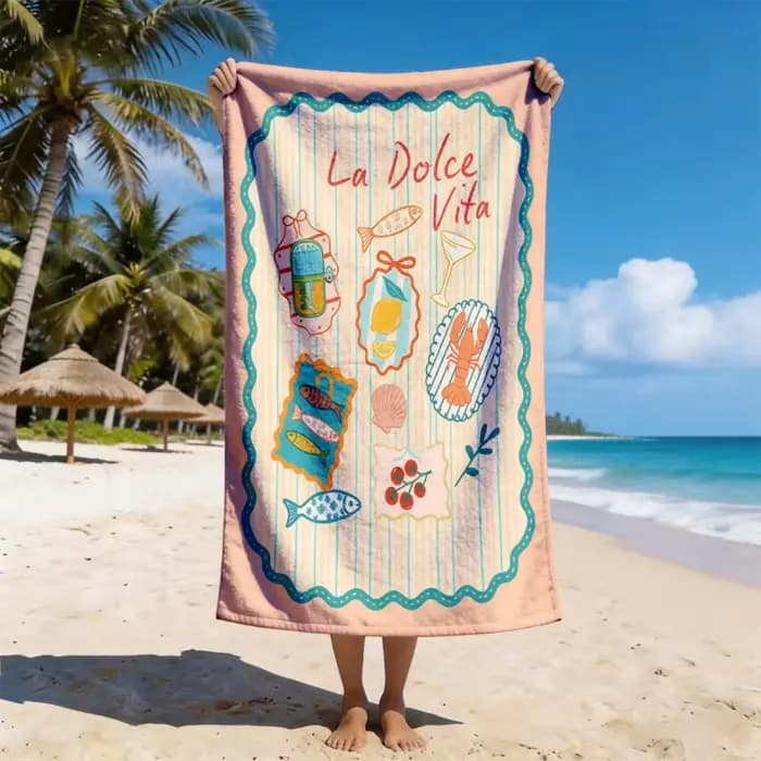 La Dolce Vita Serviette de plage rétro à imprimé fruits de mer, serviette vintage à séchage rapide p