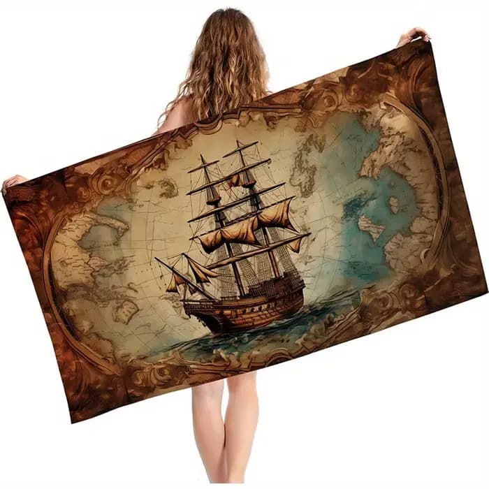 Serviette de plage Vintage, motif imprimé carte et bateau, Protection solaire, coupe-vent, adaptée à