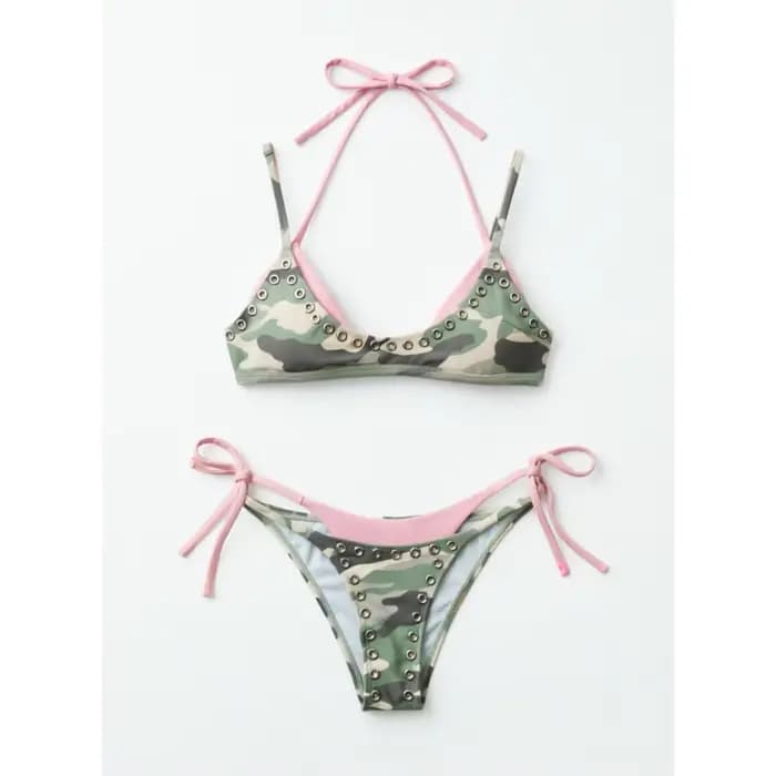 Ensemble de bikini Y2K punk camouflage pour femme, décorations à œillets, maillot de bain sexy à cou