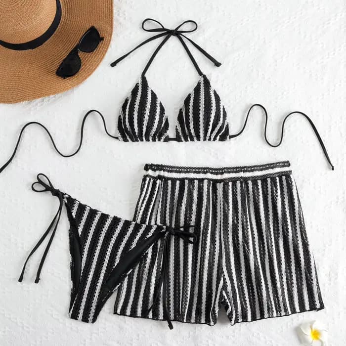 Nouvel ensemble de bikinis sexy en tricot rayé pour femmes, 3 pièces avec short, maillots de bain de