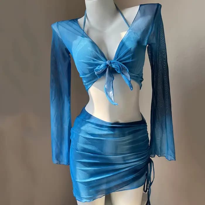 Maillot de bain 4 pièces en maille, couleur bleue, teinture par nouage, manches longues, ensemble de