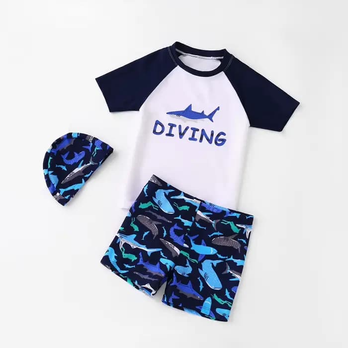 Maillot de bain pour garçons, ensemble 3 pièces, imprimé requin de dessin animé mignon, costume de p