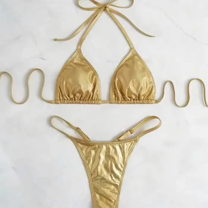 Sexy métallique or paillettes licou Bikinis ensembles deux pièces femmes string pansement maillot de