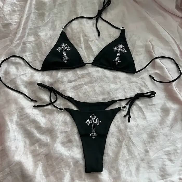 Y2K Sexy strass croix Bikini Kawaii Bikini gothique Bikini maillot de bain Goth maillot de bain vaca