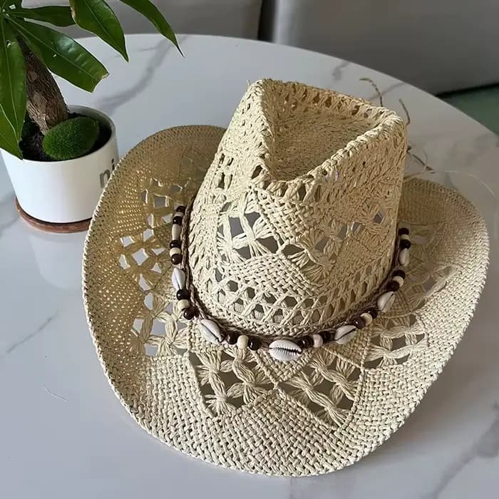 Chapeau de soleil vintage 2026 style bohème en paille pour femme et homme, avec coquillages, perles 