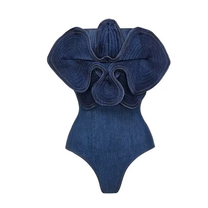 Maillot de bain une pièce en denim pour femmes, ensemble sexy, imprimé de fleurs en 3D, bikini solid