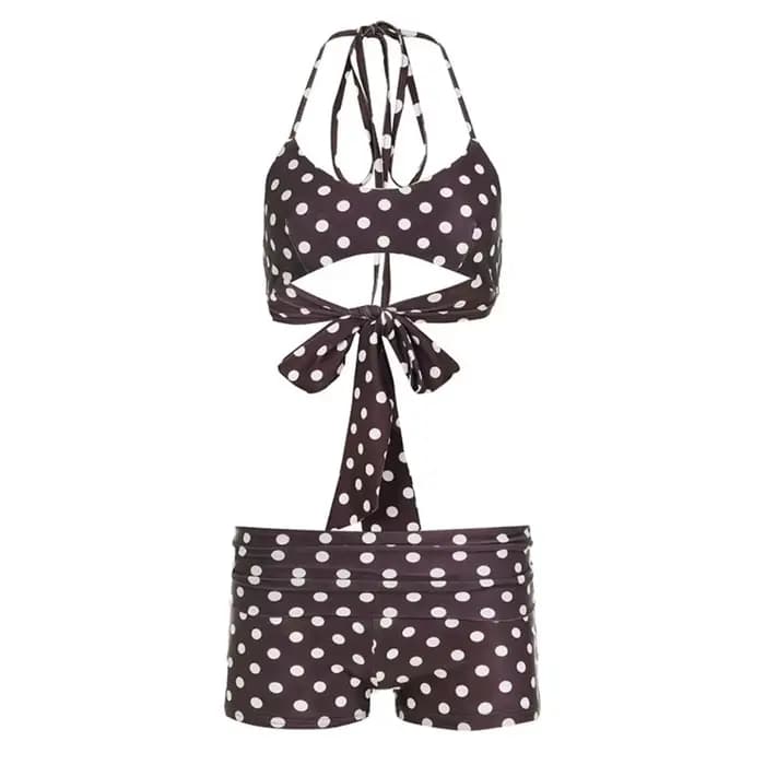 Ensemble de maillot de bain décontracté à col licou et bretelles, avec volants et lacets, short boxe