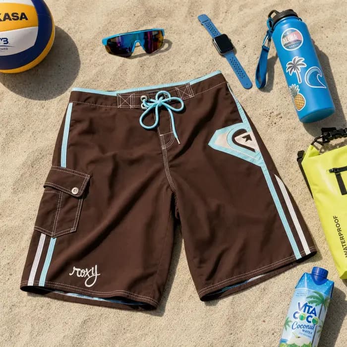 Shorts de plage marron pour femme avec bordure bleu clair, poches latérales, détails rayés, taille b