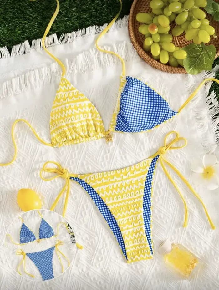 Ensemble bikini réversible, motif triangle, bicolore jaune et bleu, maillot de bain sexy en polyeste