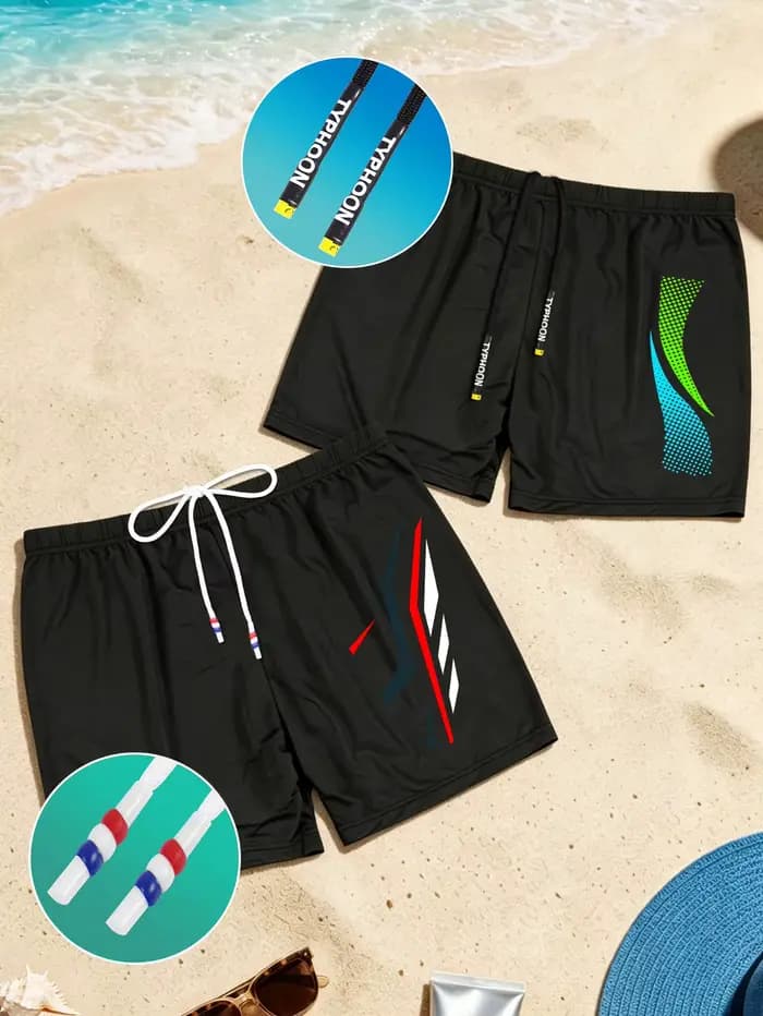 Lot de 2 maillots de bain imprimés pour hommes, tissu à séchage rapide, confortable, coupe ajustée, 