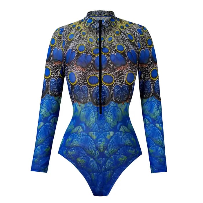 Vintage crème solaire une pièce maillot de bain jupe ensemble femmes paon imprimé fermeture éclair m