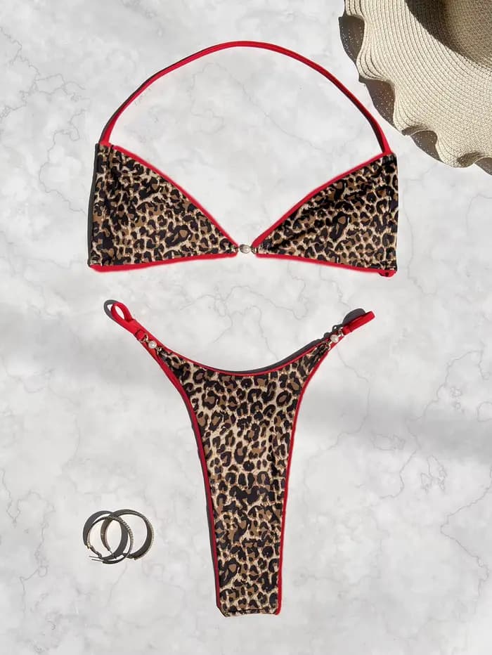 Maillot de bain sexy imprimé léopard pour femme, ensemble bikini féminin, tenue de plage, trikini à 