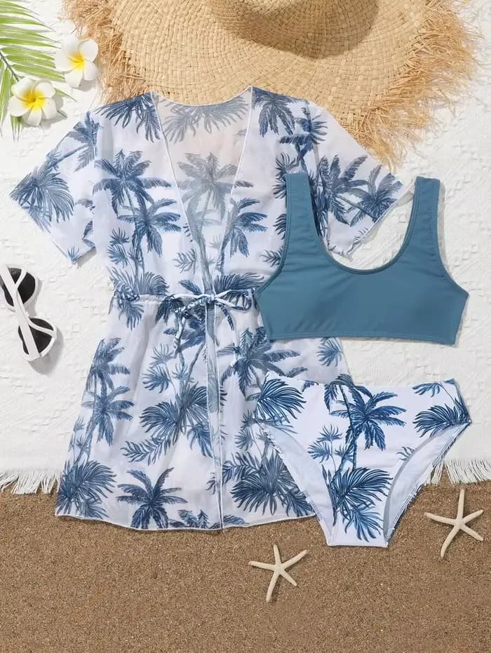 Ensemble 3 pièces imprimé : Maillot de bain pour filles 2026 avec kimono, tenue de bain pour enfants