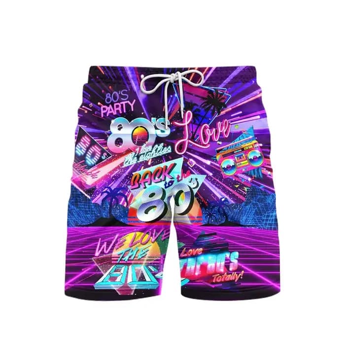 Short de plage imprimé 3D pour hommes, style des années 80, musique, fête, vêtements tendance vintag