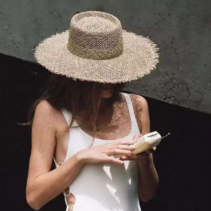 Chapeau de plage en jonc de mer tissé pour femmes, casquette de soleil décontractée, chapeau d'été à
