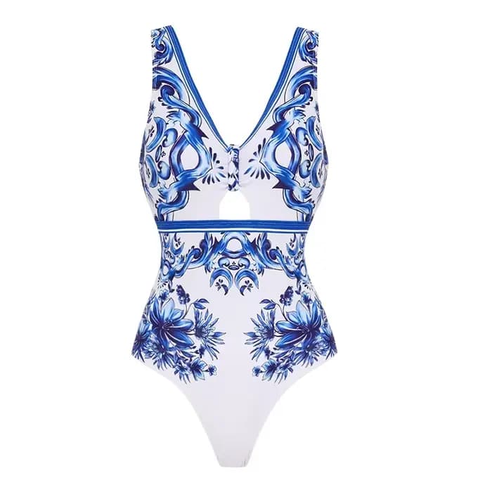 FLAXMAKER-Maillot de bain imprimé Majolica avec nœud décoratif, ensemble une pièce sexy, bikini, pus