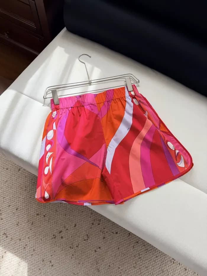 Shorts imprimés en coton à motif géométrique rouge pour femme, taille élastique, collection 2026