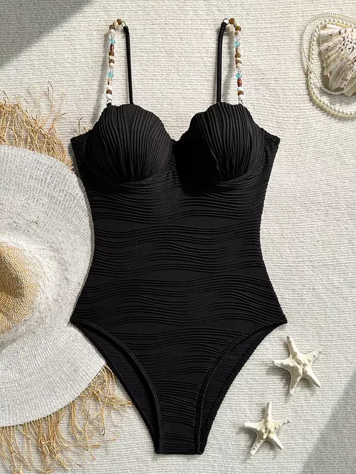 Maillot de bain une pièce femme froncé à perles, coupe haute, monokini, body de bain