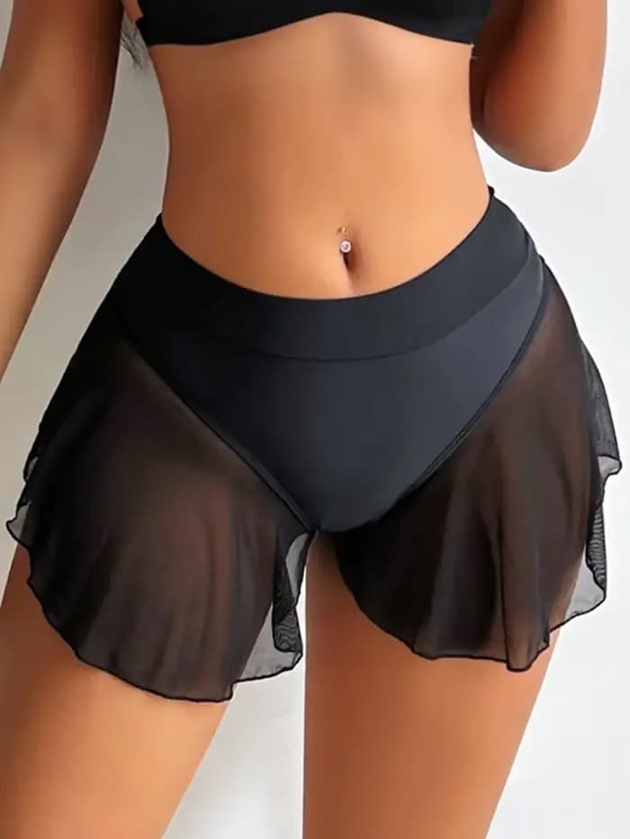 Taille haute Bikini Shorts bas femmes natation maille à volants culotte plissée été dames noir maill