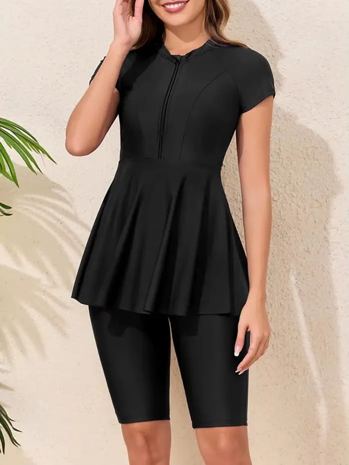 Manches courtes deux pièces maillot de bain femmes 2026 fermeture éclair maillots de bain femme soli