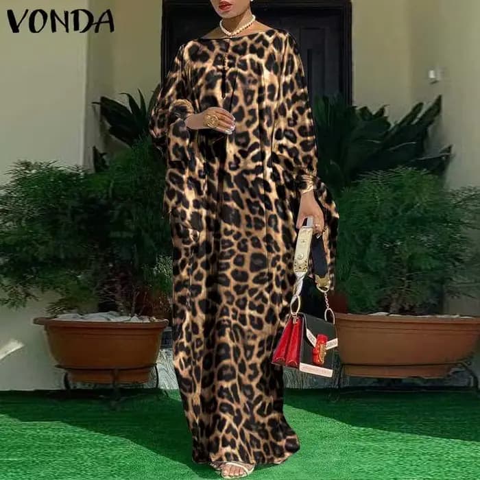 VONDA-Robe longue de plage plissée à manches longues pour femme, caftan vintage, imprimé léopard, ro