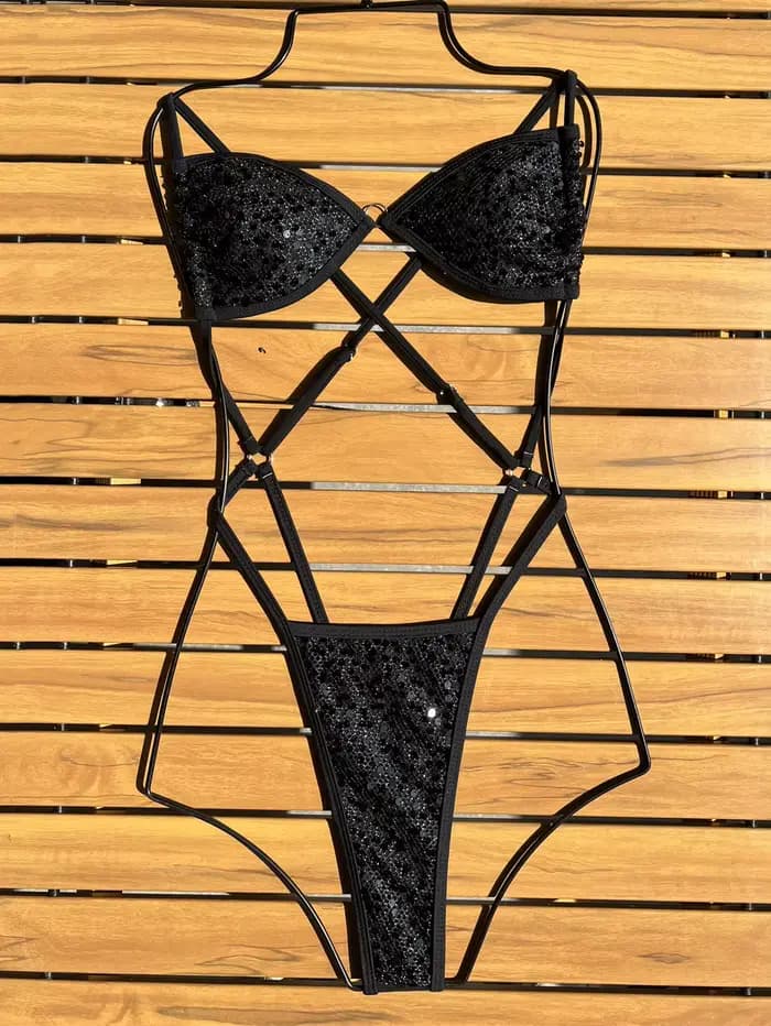 Micro maillot de bain à paillettes noires, Sexy, une pièce, bikini pour femmes, dos nu, croisé, tenu