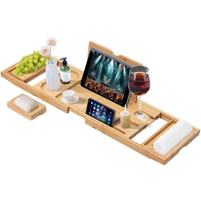 Plateau de bain réglable et extensible en bambou avec porte-gobelet / porte-livre
