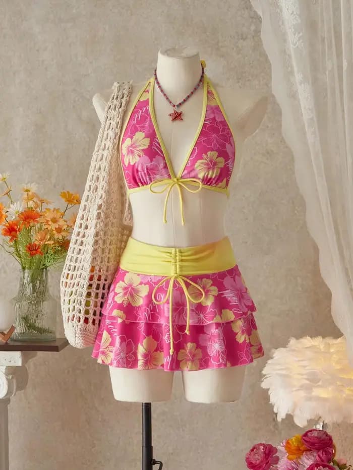Ensemble bikini 3 pièces pour femme à imprimé floral Hibiscus, avec haut triangle dos nu à bordure c