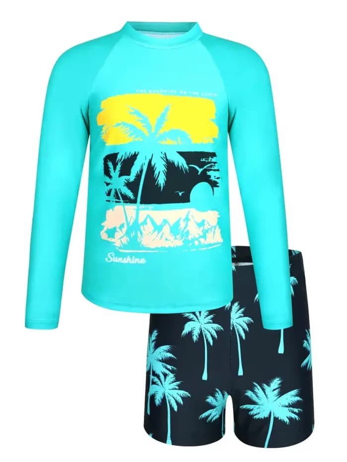 Maillot de bain deux pièces 2026 NOUVEAU Vert Cocotier Manches longues Enfants Maillot de bain d'été