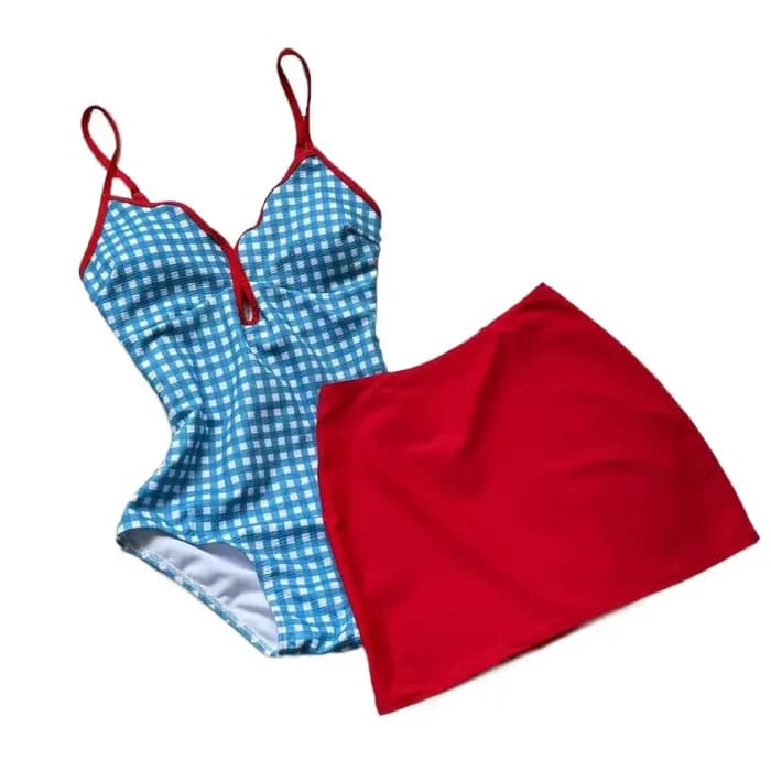 Maillot de bain à carreaux, Design amincissant, Style conservateur, jupe à jante festonnée, ensemble