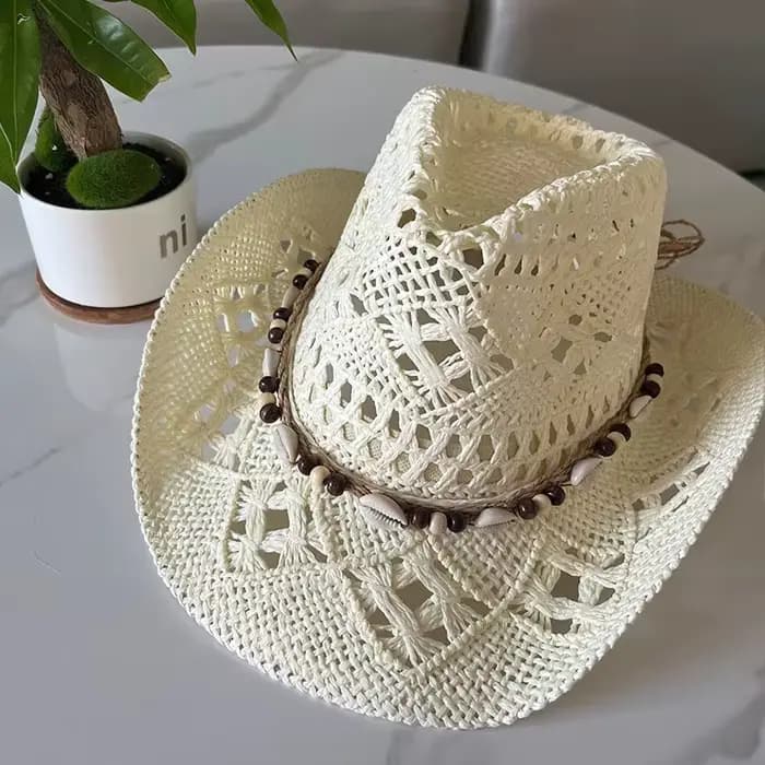 Chapeau de soleil vintage 2026 style bohème en paille pour femme et homme, avec coquillages, perles 