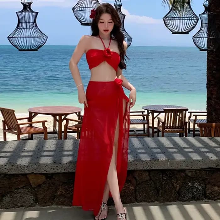 Ensemble Bikini rouge Sexy, col suspendu, maillot de bain pour femme, jupe trois pièces, plage, Spa,