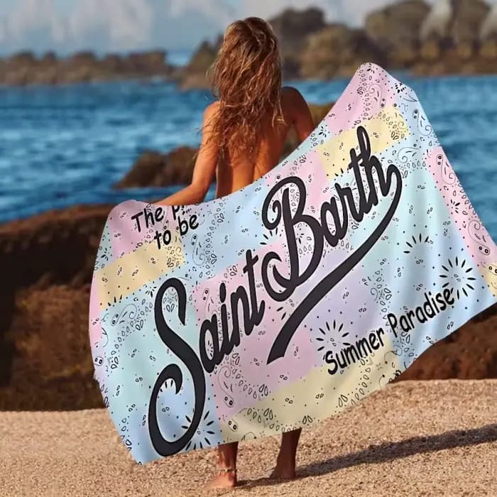 Serviette de plage Saint Barth rayée bleue et blanche, légère, à séchage rapide, en microfibre, pour