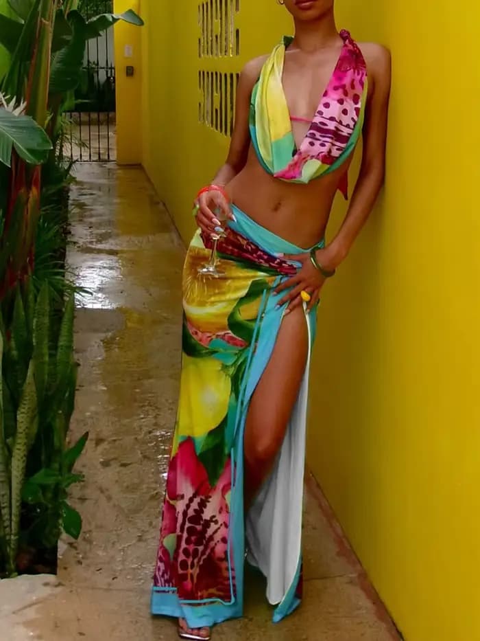Nibber Sexy Coloré Léopard Femmes 2 Pièce Ensemble Y2K Plage Vacances Halter Débardeurs + Enveloppé 