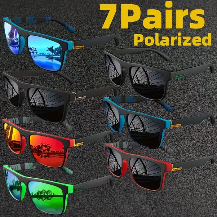 Lunettes de soleil polarisées carrées, 7 paires, Anti-éblouissement, pour fête d'été, vacances, voya