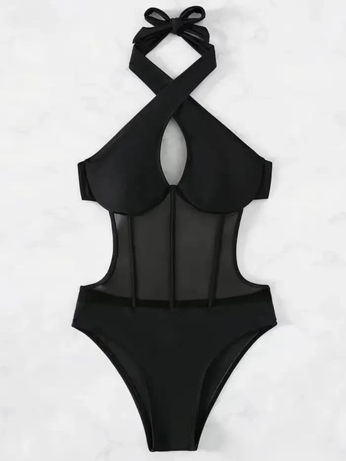 Maillot de bain une pièce dos nu en résille transparente avec armatures pour femme, monokini échancr