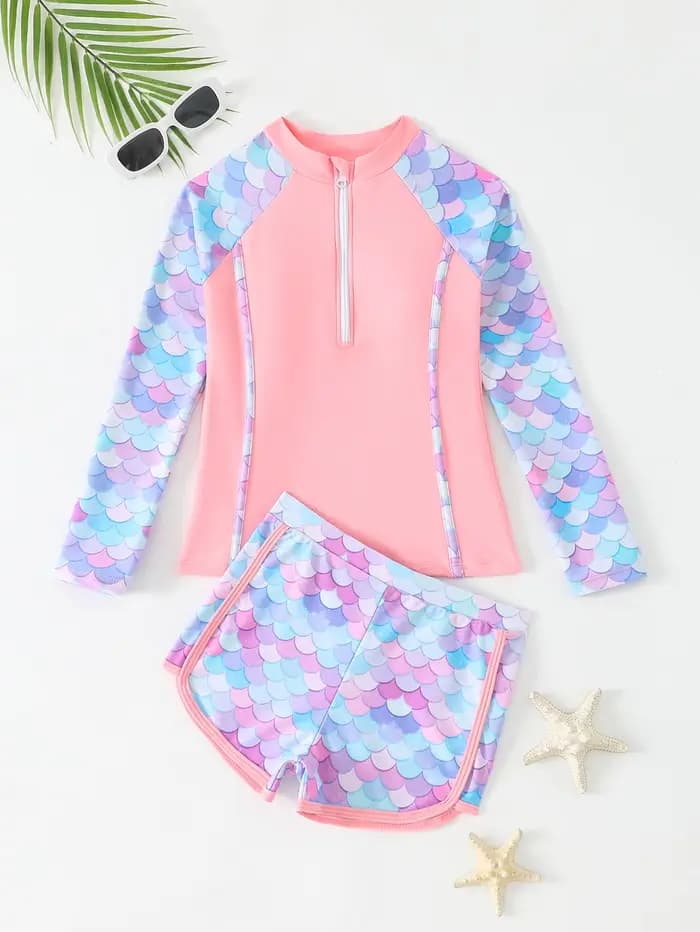 Maillot de bain fille 2025 rose à manches longues, chemises de protection solaire, vêtements de bain