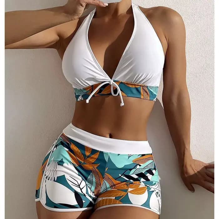 Ensemble de maillot de bain deux pièces pour femme, style halter à nouer sur le devant, imprimé feui