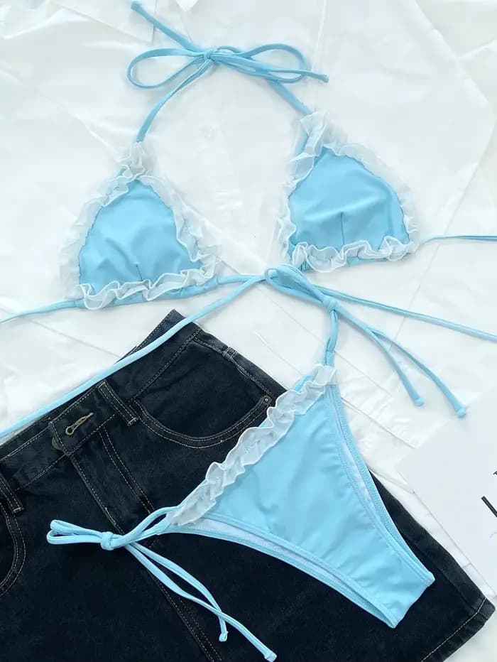 2026 Ensemble de bikini sexy pour femme, maillot de bain triangle en dentelle à col licou, bleu ciel
