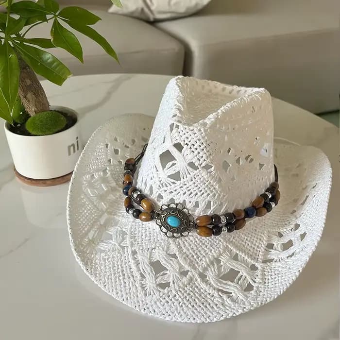 Chapeau de soleil vintage 2026 style bohème en paille pour femme et homme, avec coquillages, perles 
