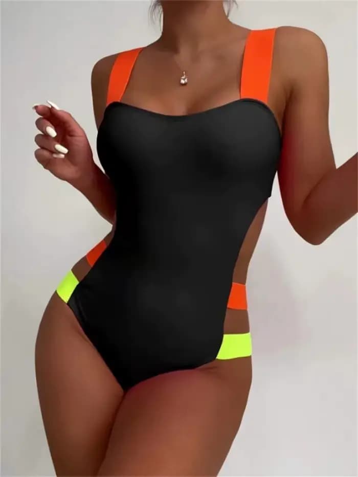 Maillot de bain une pièce sexy noir contrastant 2026 pour femme, monokini dos nu à bretelles néon, m