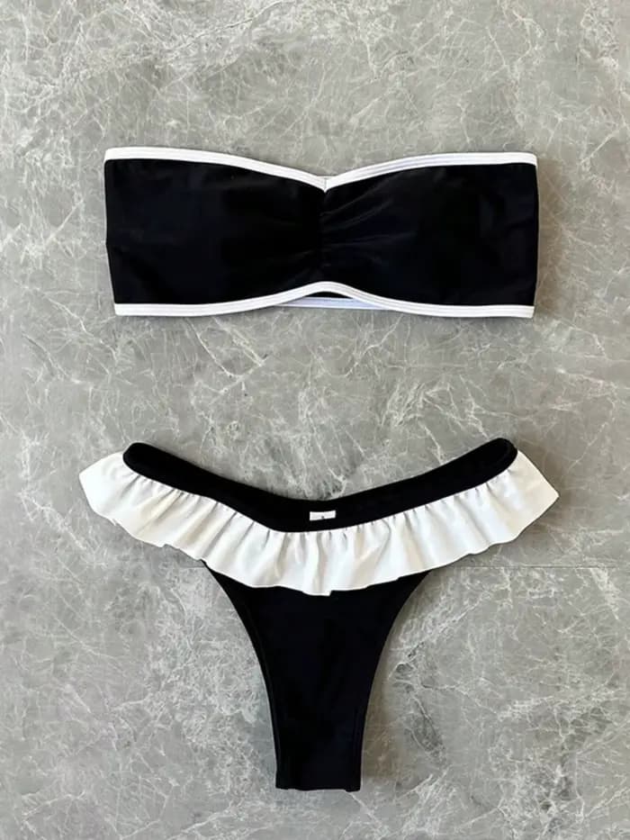 Maillot de bain femme sans bretelles, ensemble 2 pièces, couleur unie, patchwork, push-up, à volants