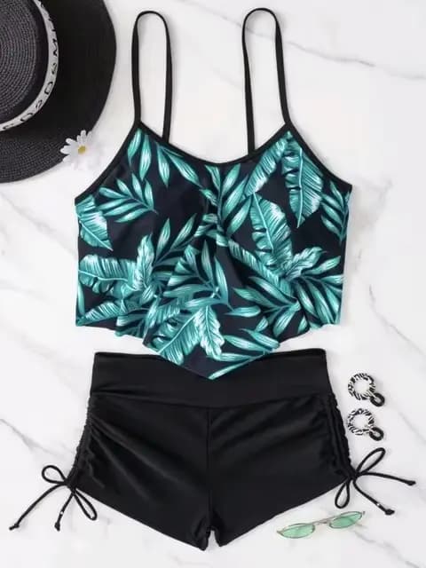 Maillot de bain deux pièces à volants pour femmes, avec short, imprimé feuilles, orange, vêtements d
