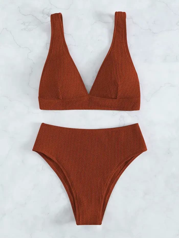 Ensemble bikini texturé pour femme - Maillot de bain string taille haute, maillot de bain deux pièce
