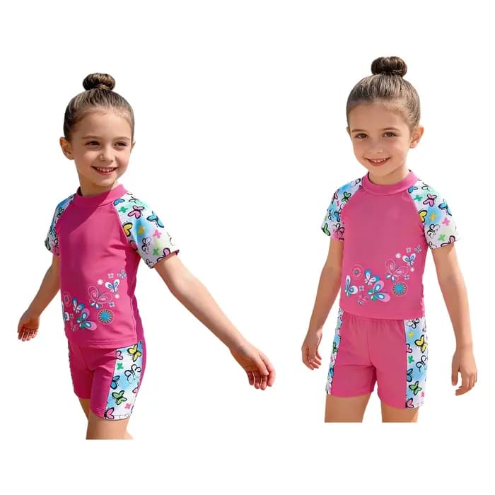 Maillot de bain imprimé décontracté 2 pièces pour petites filles, tenue de plage, haut à manches cou